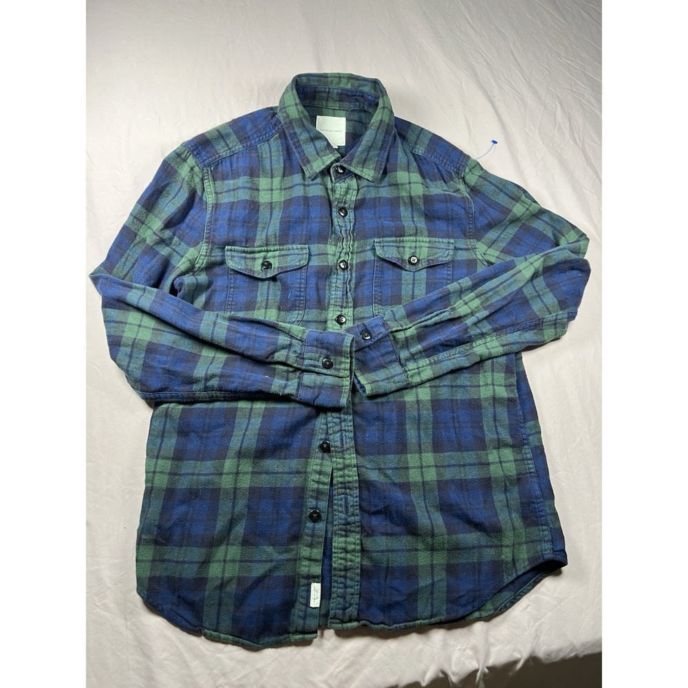 American Eagle Mens M Green Blue Plaid Flannel Long Sleeve Button Front Shirt